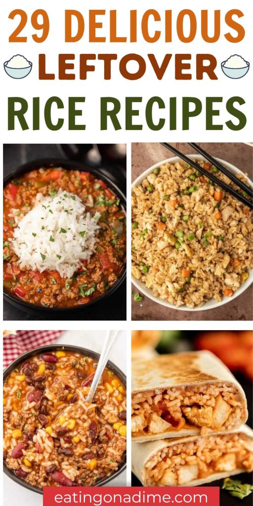 If you are looking for ways to use Leftover Rice Recipes, we have gathered over 25 recipes. These recipes are easy to make and delicious. Leftover cooked rice and be used in many different recipes. These 29 recipes will turn your leftovers into a delicious second meal. #eatingonadime #leftoverrice #easyleftoverricerecipes