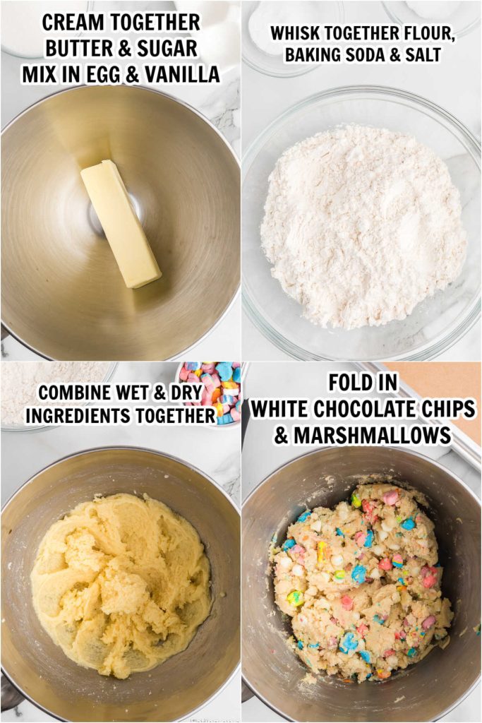 The process of combining the ingredients for Lucky Charm Cookies