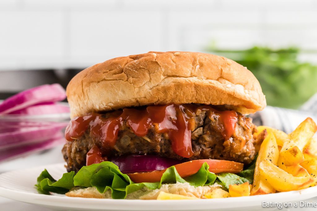 Meatloaf burger on a plate. 