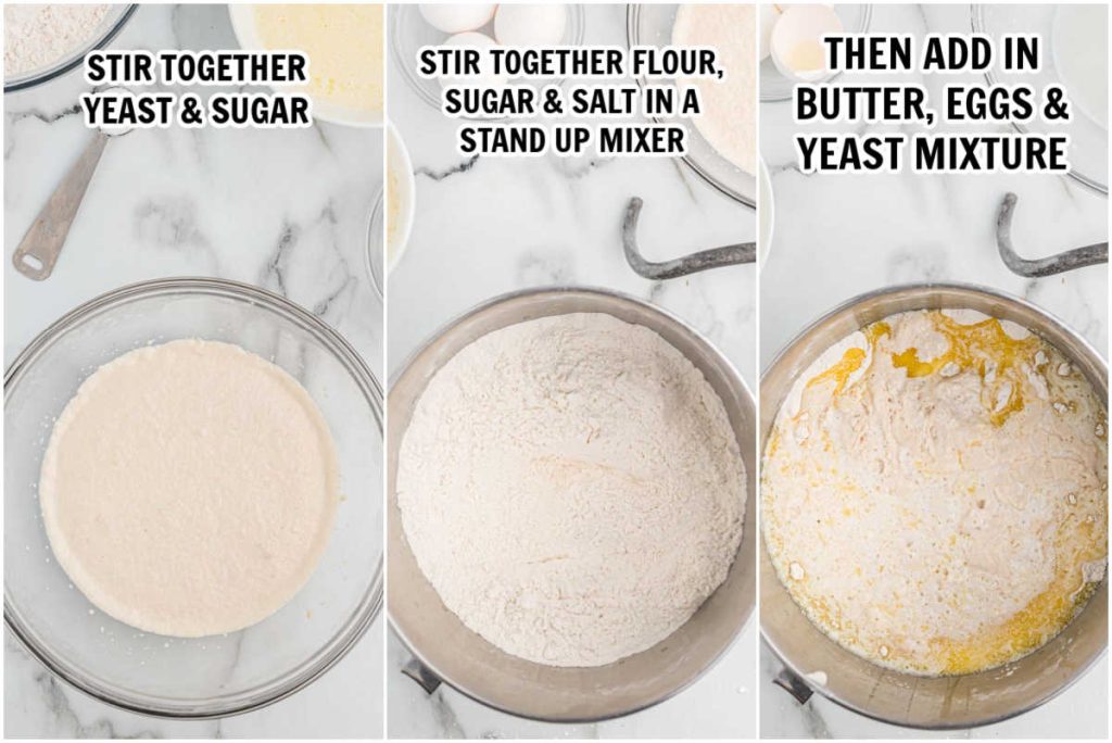 Mixing the yeast and mixing the dry and wet ingredients together. 