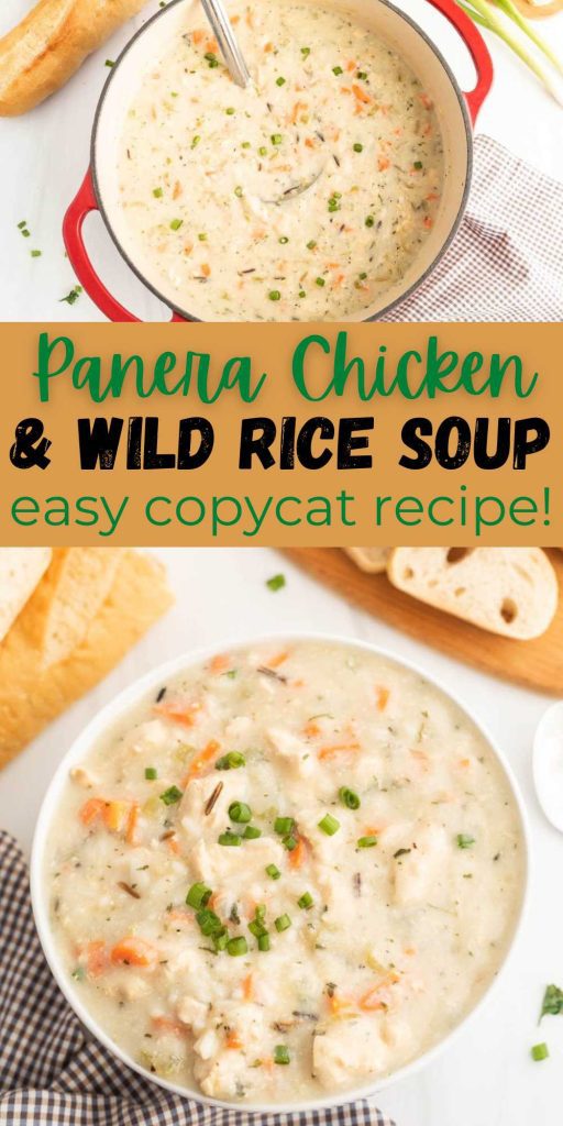 Copycat Panera Chicken and Wild Rice Soup is a family favorite soup. This creamy soup is loaded with flavor and is easy to make. Chicken and Wild Rice Soup Panera Bread Recipe is delicious and loaded with easy ingredients. We love how creamy it is and one of our favorite soups that we get at Panera Bread. #eatingonadime #panerachickenwildricesoup #copycatpanerasoup