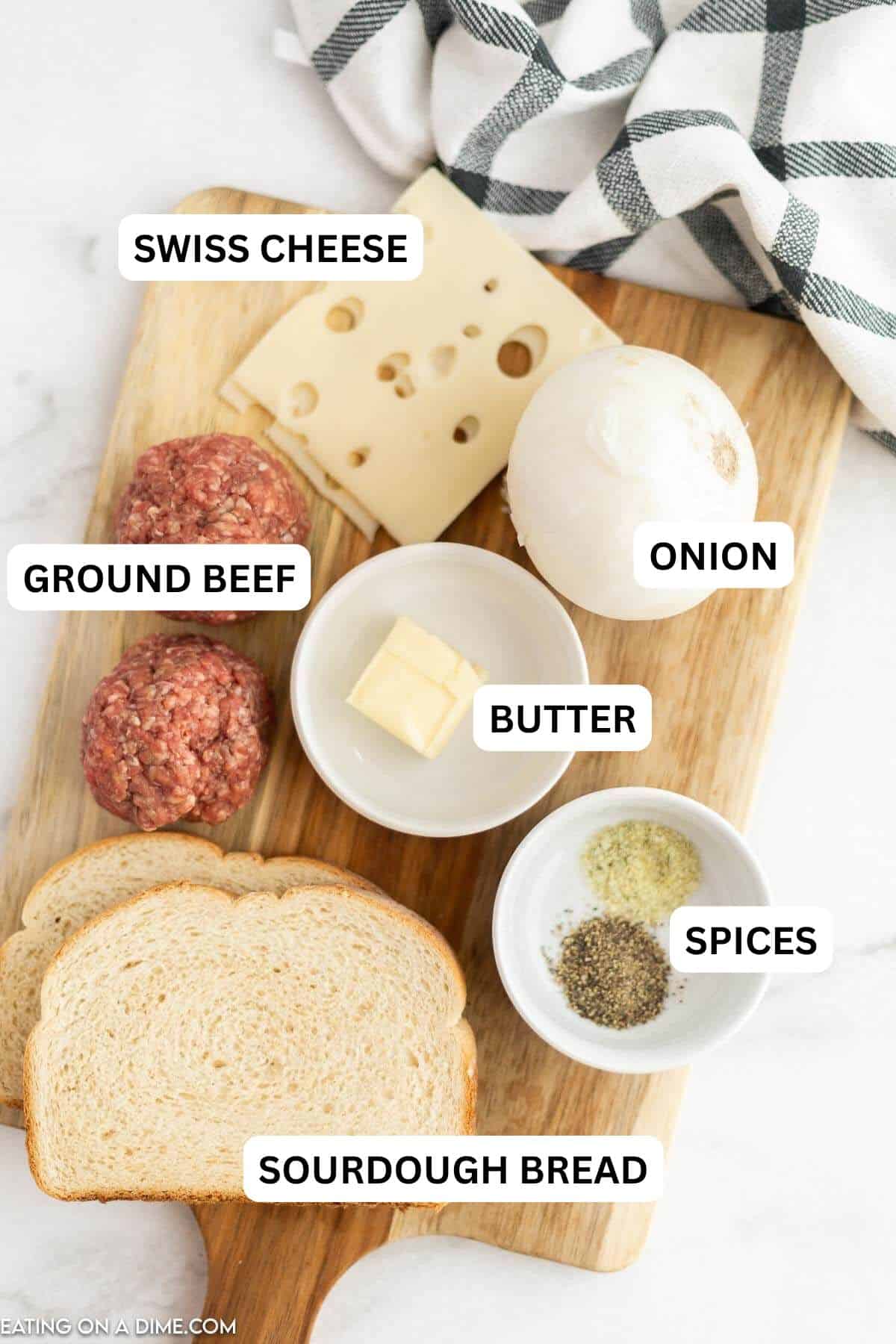 Ingredients for this recipe - Slices of bread, butter, onion, ground beef, swiss cheese, seasoning.