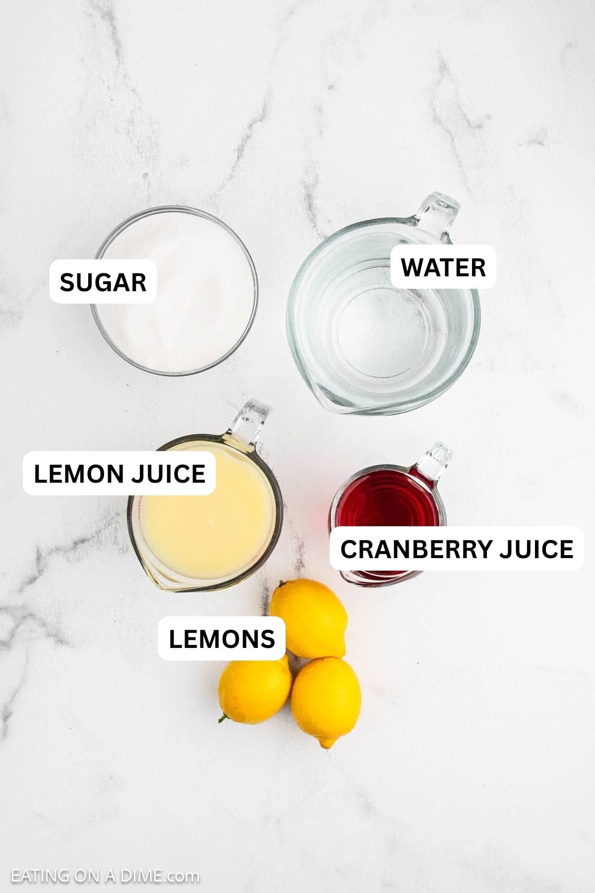 Ingredients need to make this recipe which includes lemons, lemon juice, cranberry juice, water and sugar.