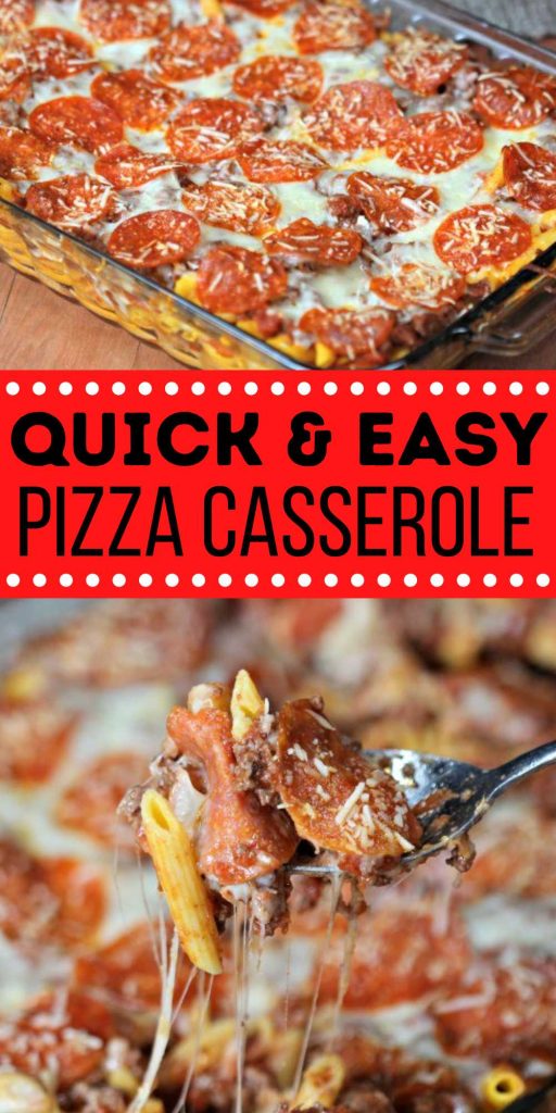 This easy pizza casserole recipe is a family pleaser! An Easy casserole recipe. Plus this pizza pasta casserole is an easy freezer meal. This pepperoni pizza casserole ingredients can be changed to your favorite toppings. Add in vegetables or change the meat. This easy casserole is the perfect weeknight meal. #eatingonadime #pizzacasserole #quickandeasypizzacasserole