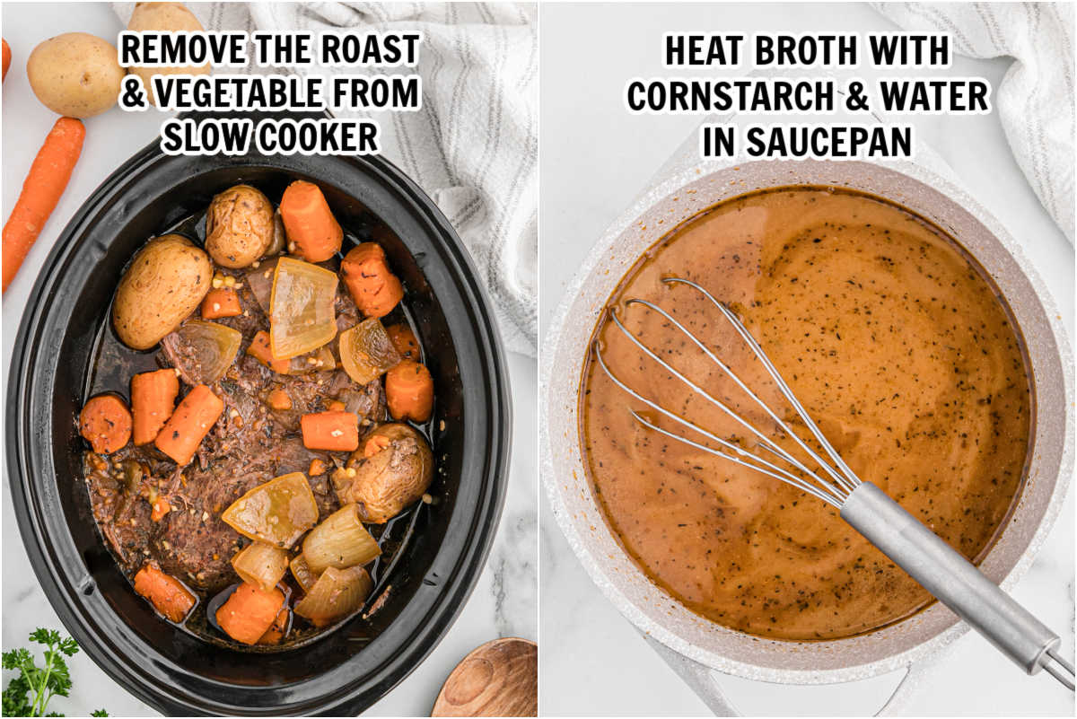 Venison Roast potatoes and carrots in a slow cooker with the process of making the gravy