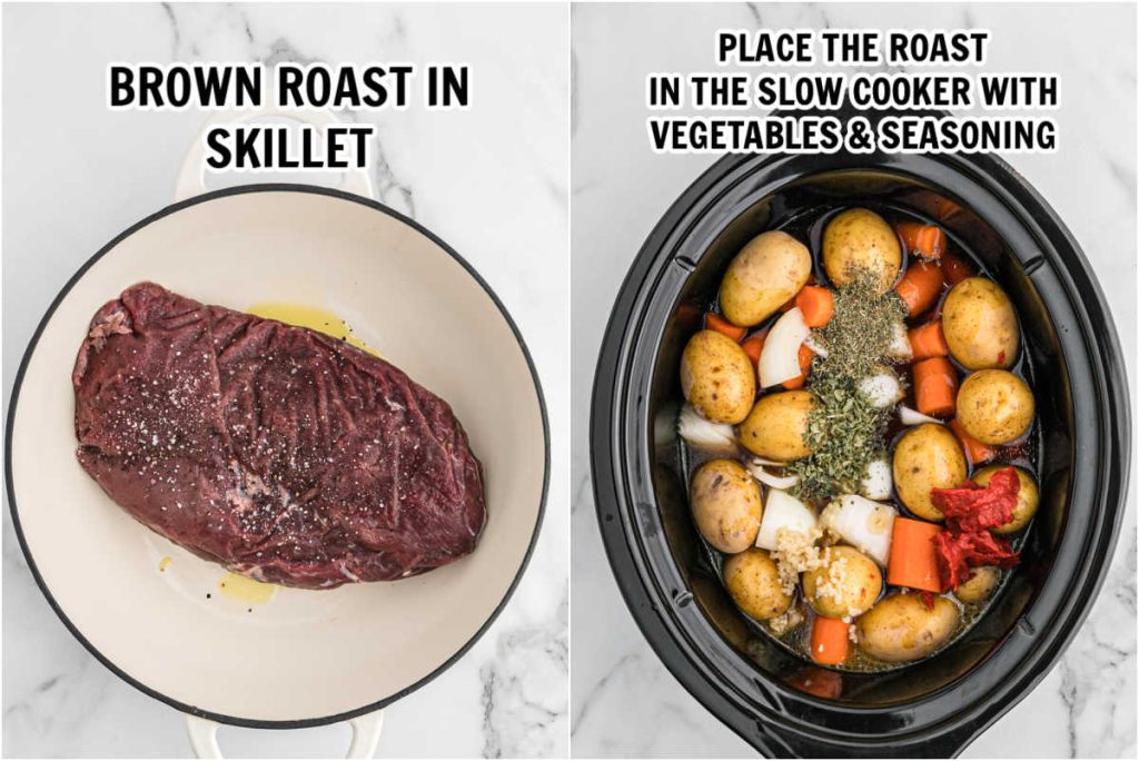 Browning the roast and placing in the slow cooker with the seasoning and vegetables