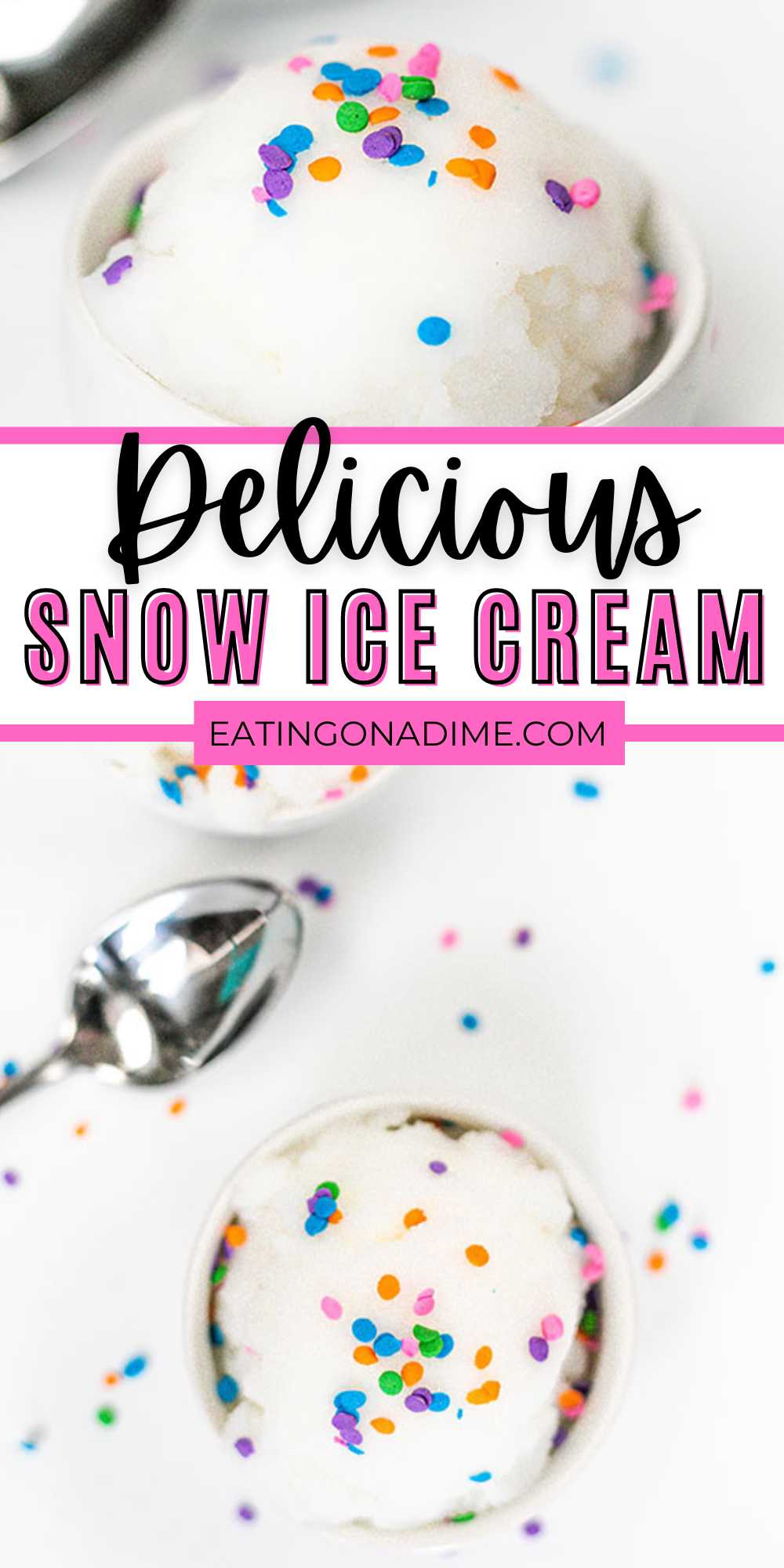 It is so easy to make this delicious and tasty Snow Ice Cream Recipe. Kids go crazy over this simple treat and it is a blast to make.  Your kids will love bringing the fresh clean snow in and enjoy topping it with the favorite sprinkles. #eatingonadime #snowicecream #easysnowicecream #snowday 
