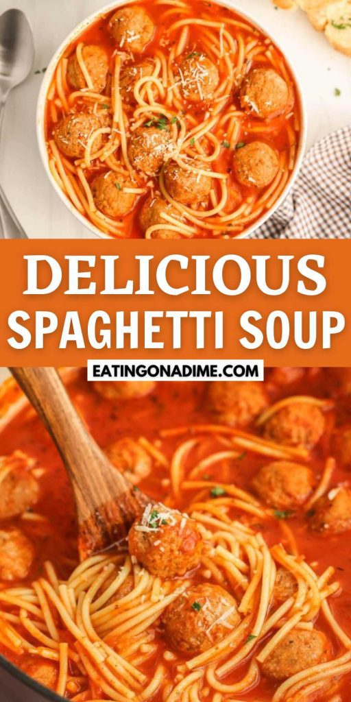 You are going to love this easy to prepare Spaghetti Soup. It is all the flavors you love in a classic spaghetti recipe but in a soup form. The easy ingredients are added to a large pot and then boiled. Add in your uncooked spaghetti noodles for a delicious soup dish. #eatingonadime #spaghettisoup #easyspaghettisoup