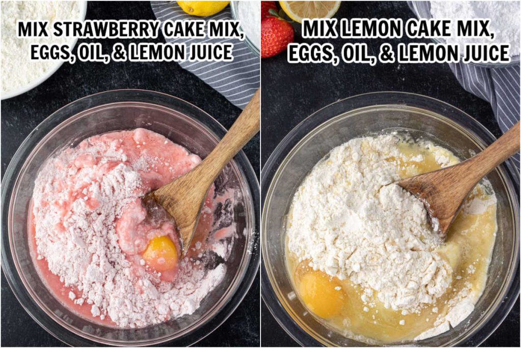 Mixing the cake mix with the egg, oil and lemon juice