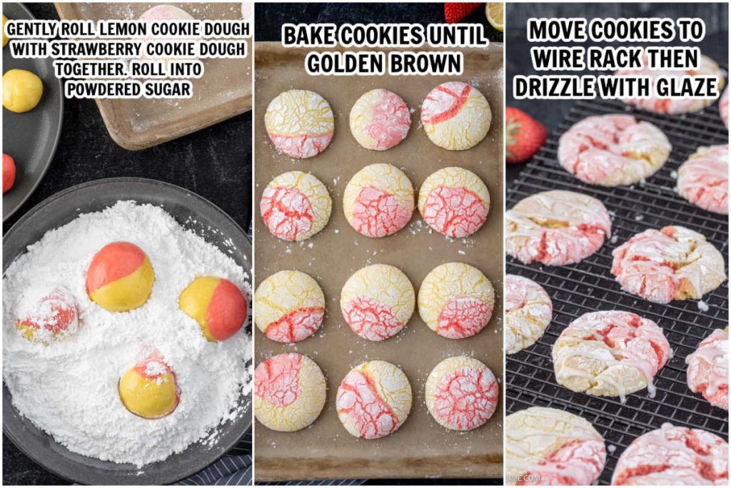 The process of rolling the cookie dough in powdered sugar, baking and cooling on a wire rack