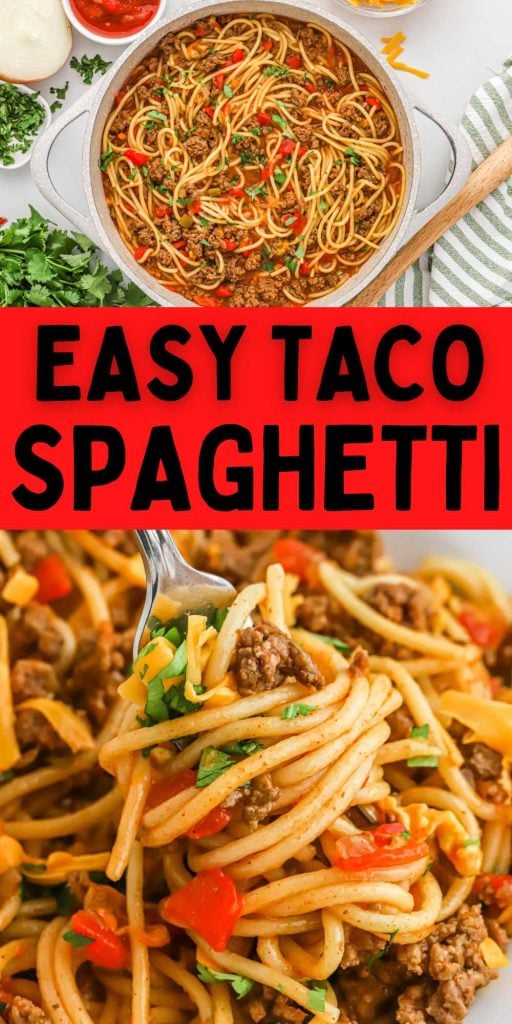 Taco Spaghetti combines my kids two favorite recipes, tacos and spaghetti. This recipe is easy to make, and perfect for feeding a crowd. If you are looking for an easy, one pot meal this Taco Spaghetti Recipe is always a family favorite. #eatingonadime #tacospaghetti #easytacospaghetti