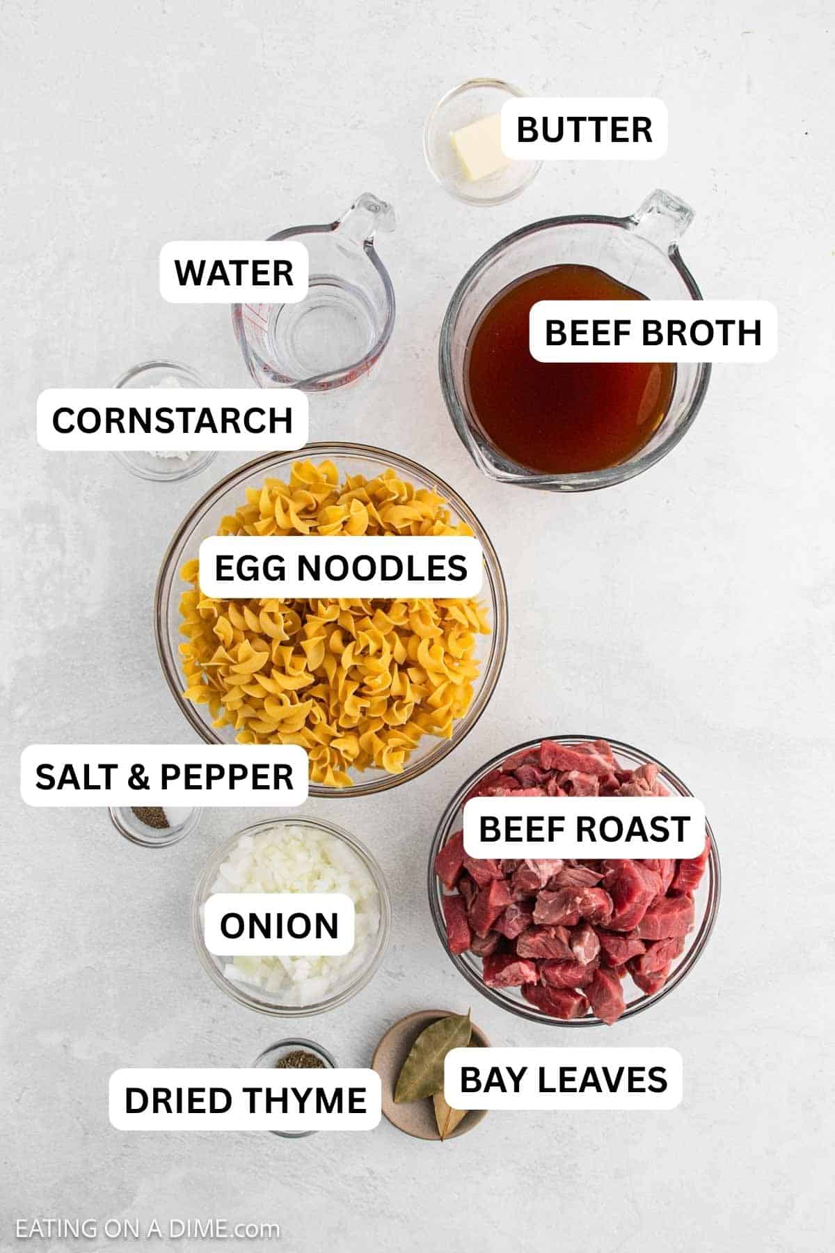 Ingredients for Beef Tips and noodles: roast, butter, onion, beef broth, cornstarch and water.