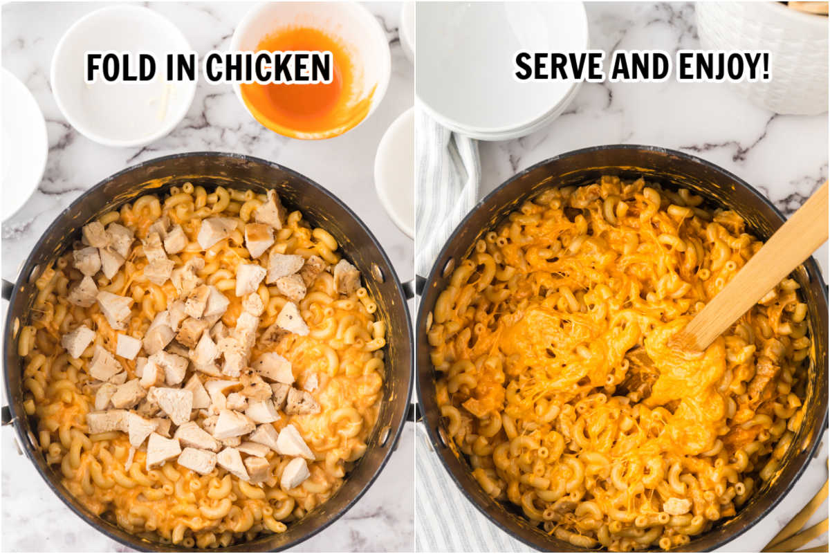 The process of mixing in the chicken in with the noodles and cheese mixture