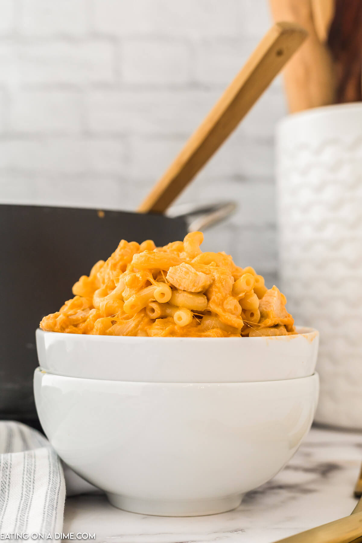 Buffalo Chicken Mac and Cheese on a white bowl