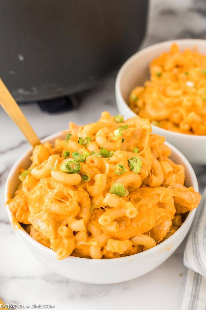 Buffalo Chicken Mac and Cheese on a white bowl