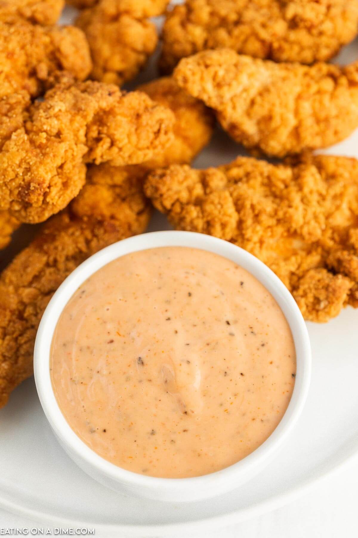 Close up image of chicken fingers and a bowl of chicken dipping sauce