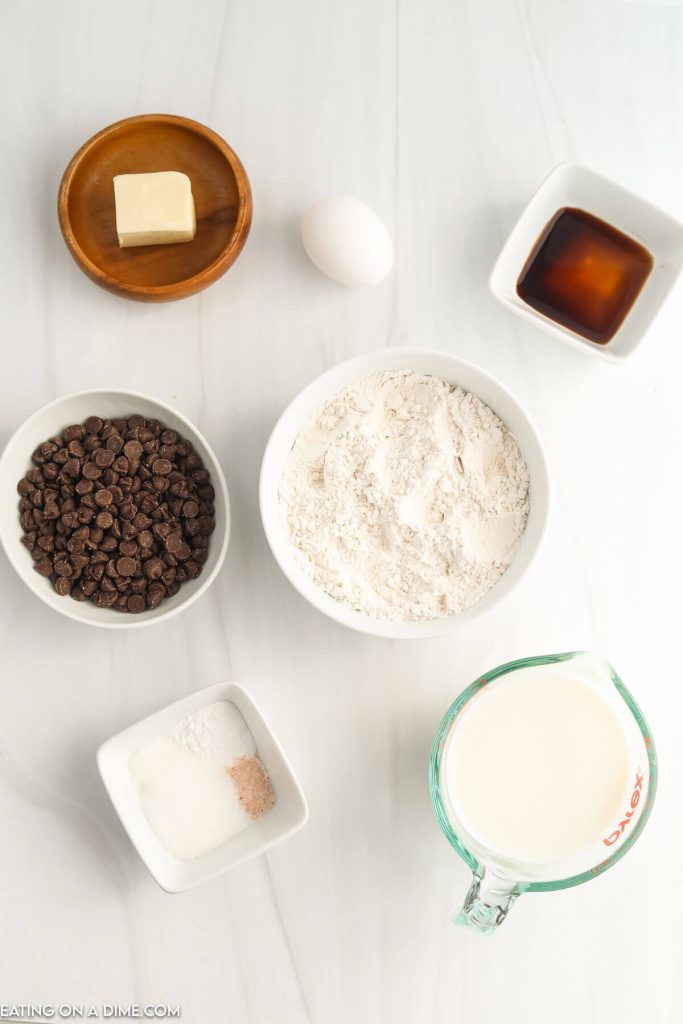 Ingredients needed - flour, baking powder, salt, sugar, milk, egg, butter, vanilla, chocolate chips