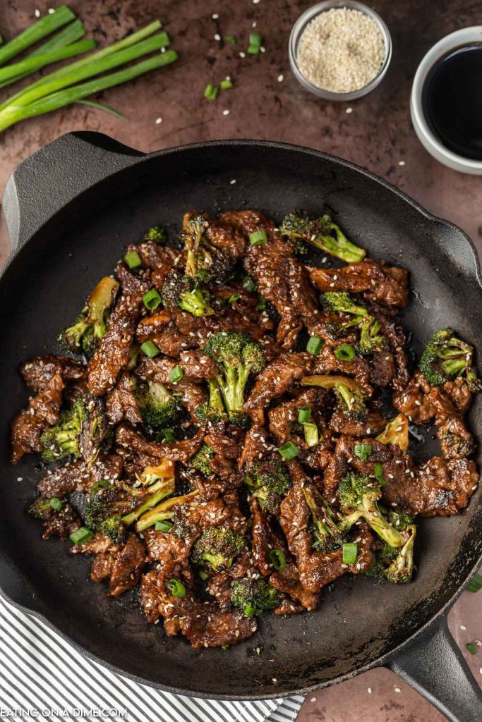 Beef and Broccoli in a skillet