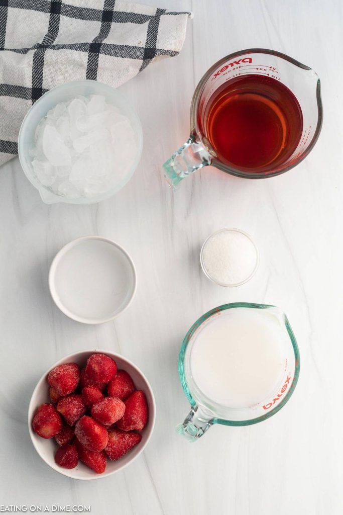 Ingredients needed - berry juice, sweetened coconut milk, water, strawberries, sugar, ice