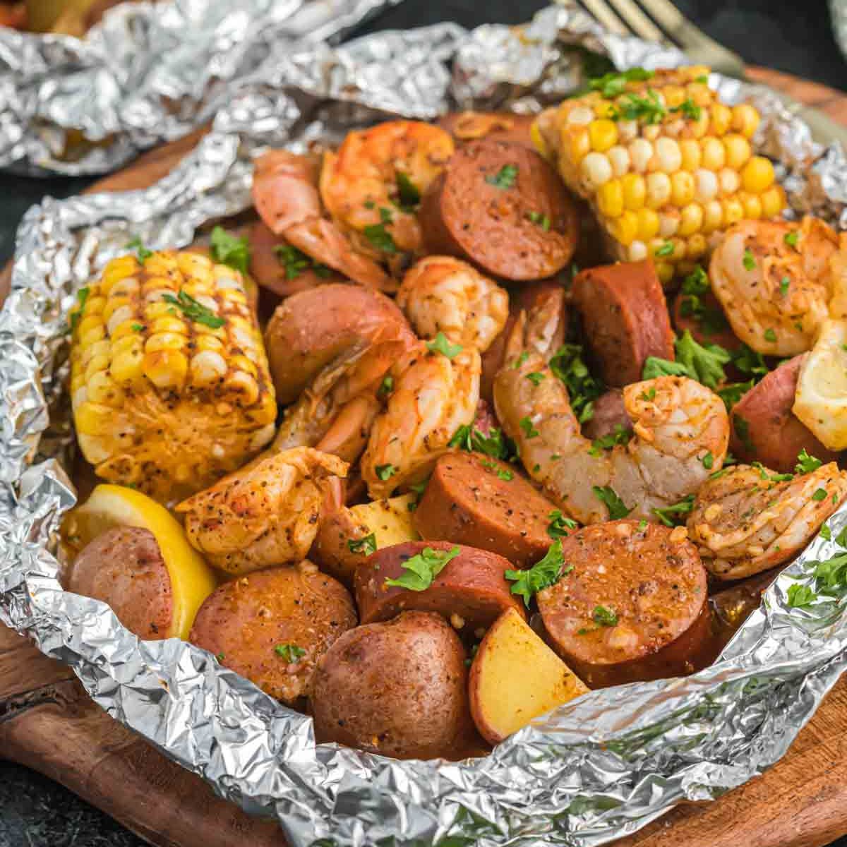 Shrimp boil foil pack ready to serve. 