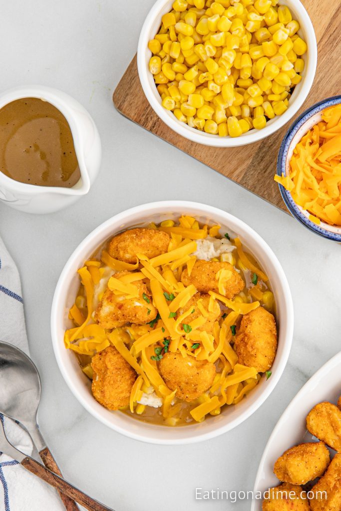 KFC Bowls loaded with chicken, cheese, corn and mashed potatoes