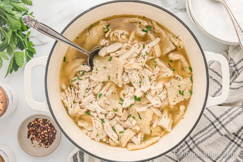 Chicken and Dumplings in a large pot with a spoon