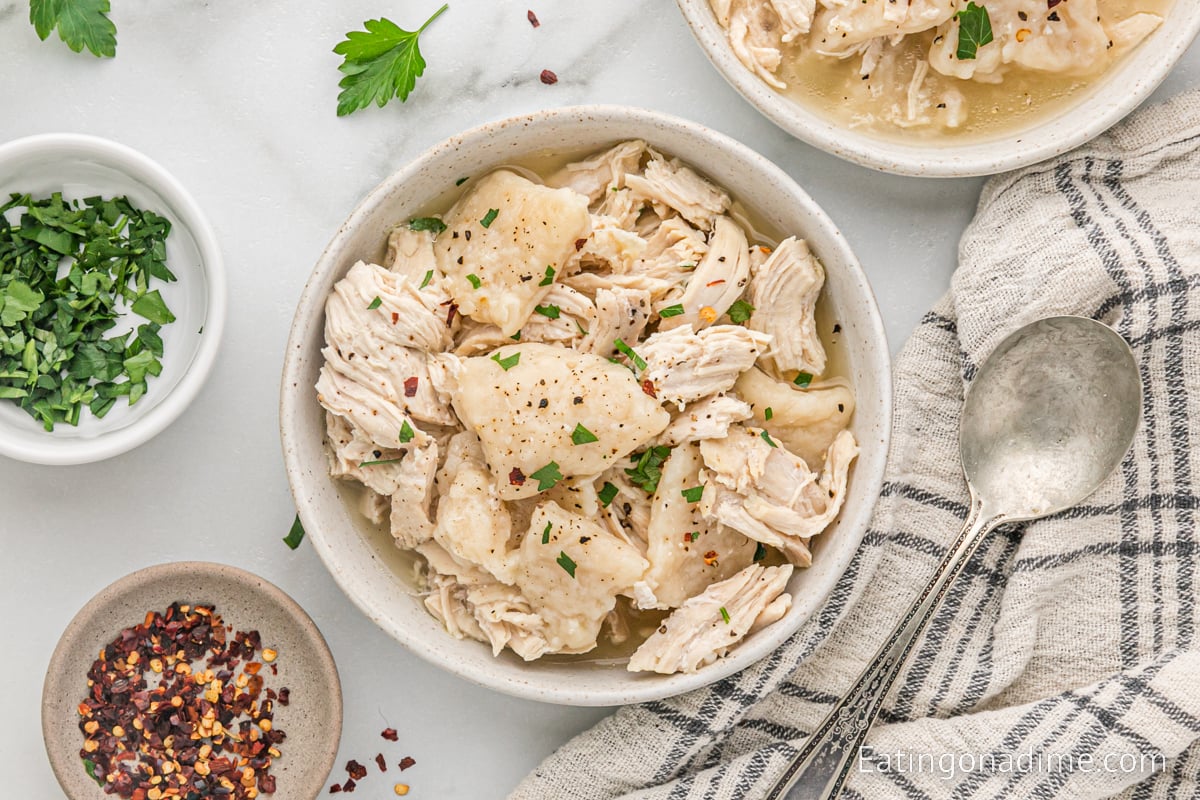 Chicken and Dumplings in a white bowl