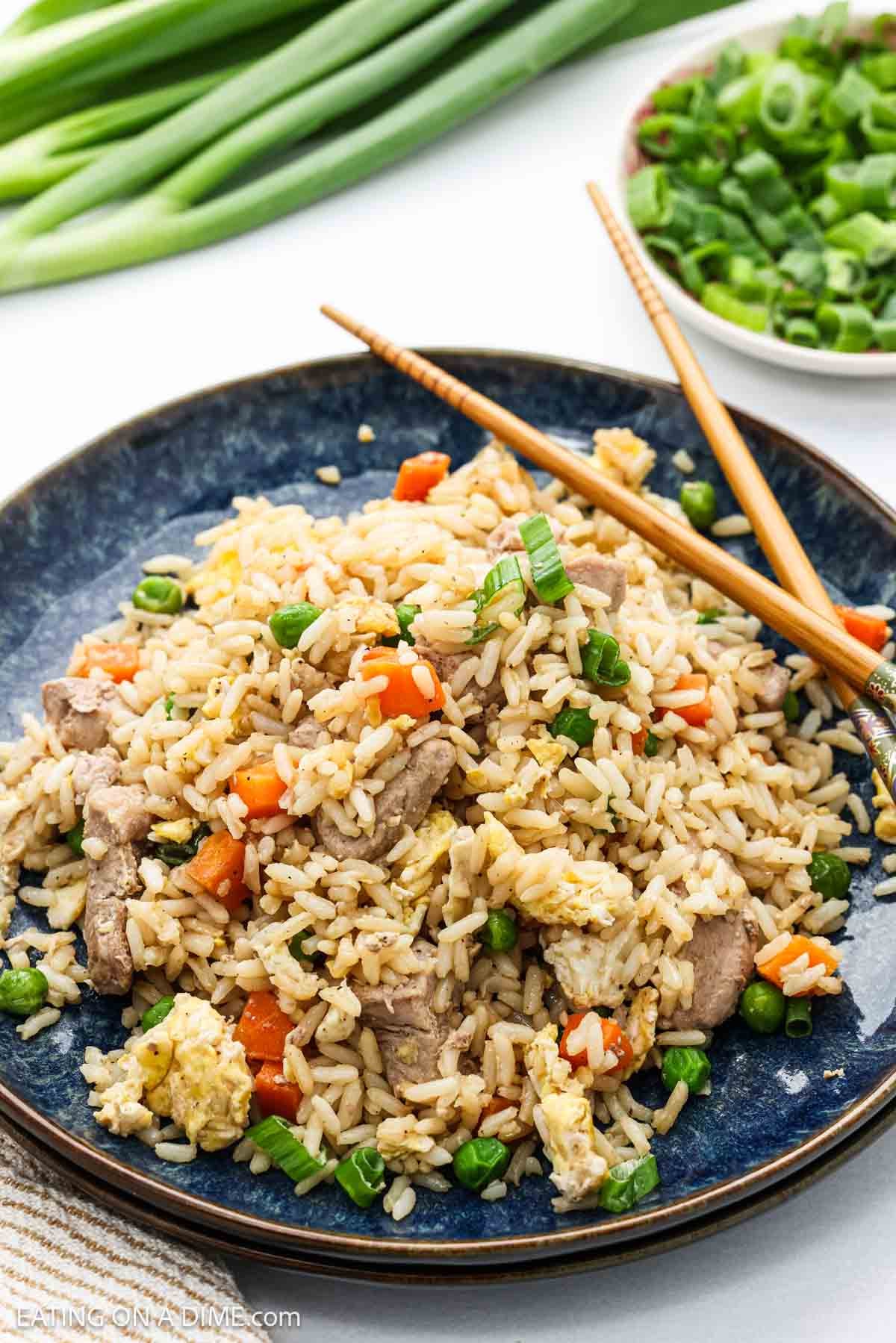 Pork rice on a plate with chopsticks on the side.