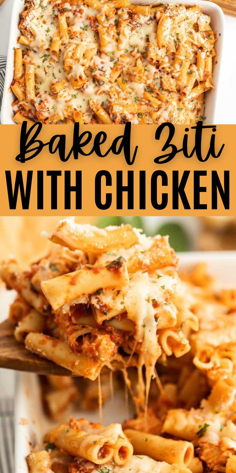 If you are looking for an easy casserole this Baked Ziti with Chicken is it. It is loaded with simple ingredients for a family dinner idea. This cheesy, hearty casserole is always a crowd favorite. It is the best comfort food that is the perfect blend of pasta, chicken and cheese that is easily baked in a baking pan. #eatingonadime #bakedzitiwithchicken #casserolesrecipes #bakedziti