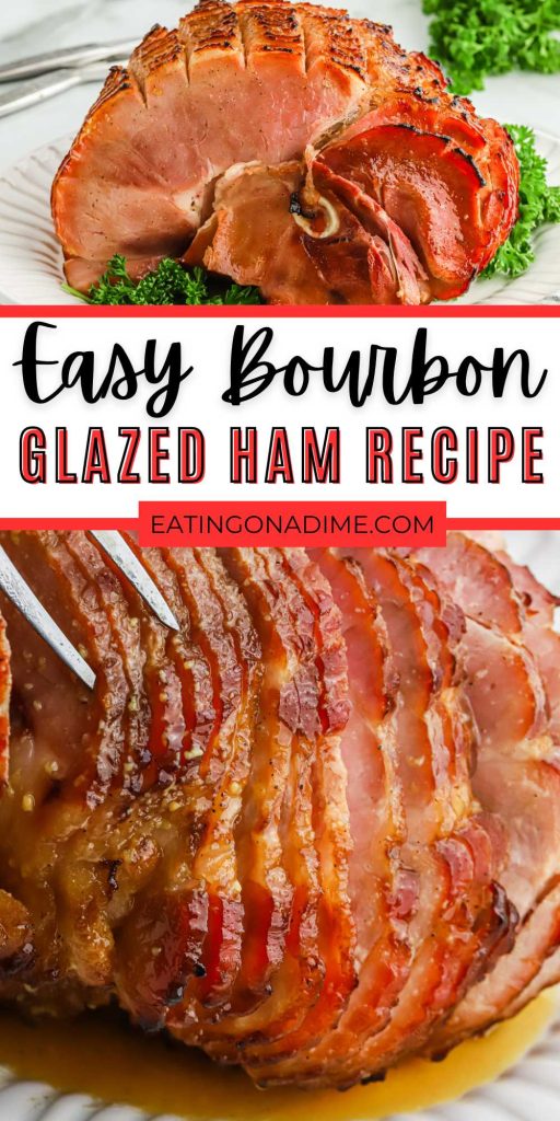 Bourbon Glazed Ham is a delicious and easy to make holiday ham. The bourbon glazed is basted on the ham to give it so much flavor.  The glaze is made up of bourbon, honey, Dijon mustard and salt and pepper. These combined ingredients are heated and then basted on the cooked ham. #eatingonadime #bourbonglazedham #hamrecipe