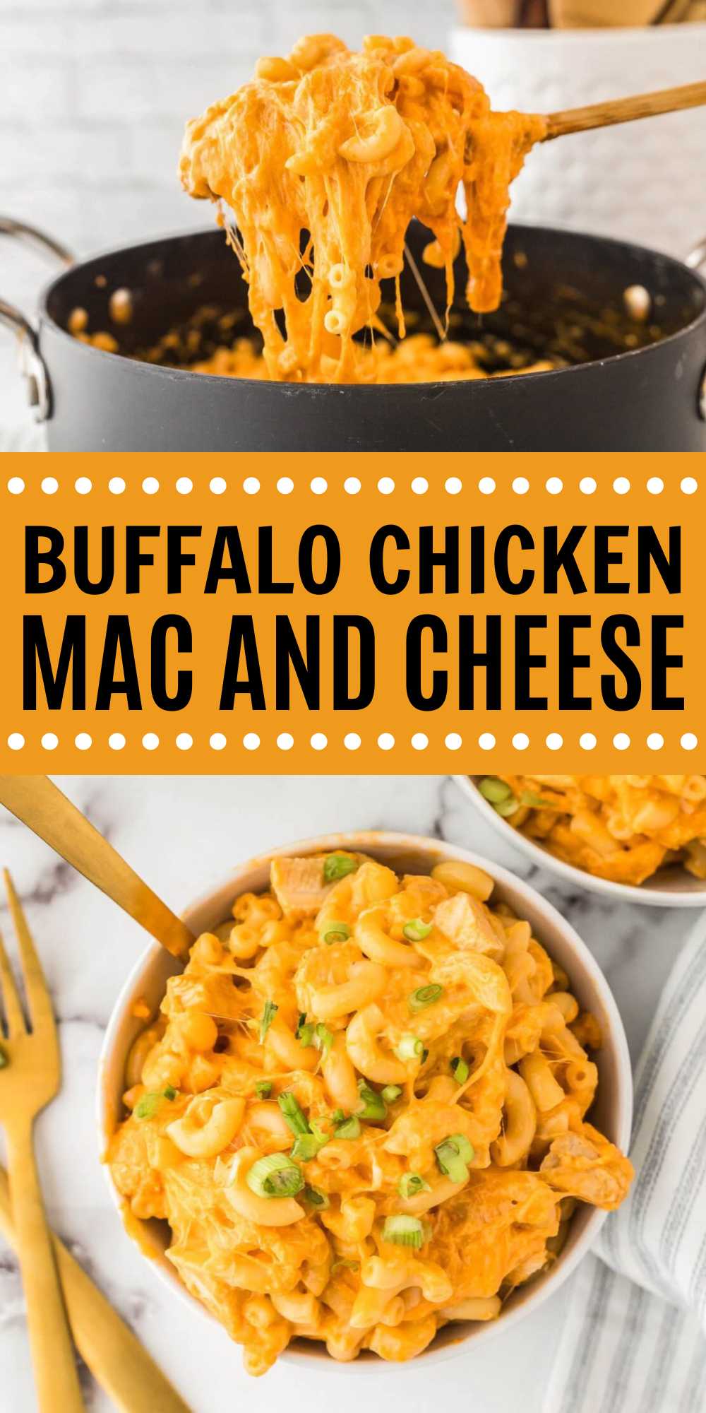 Buffalo Chicken Mac and Cheese is loaded with cheese, sauce, noodles and chicken. It is the perfect weeknight meal and is easy to make. Easy mac and cheese buffalo chicken recipe is loaded with flavor. The perfect meal to use your leftover chicken and your cooked noodles in. All the ingredients are combined and cooked together on the stovetop. #eatingonadime #buffalochickenmacandcheese #buffalochicken #macandcheese