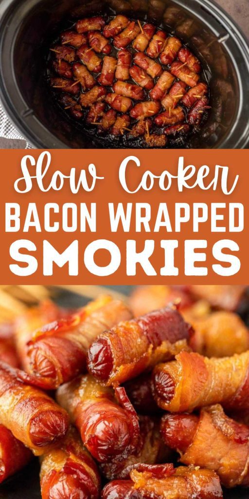 Crock Pot Bacon Wrapped Smokies makes an easy appetizer. Perfect for a party as they keep warm and they are the perfect bite size recipe. This Lil Smokies Wrapped in Bacon Crock Pot Recipe is always a crowd favorite. Our favorite lil smokies are wrapped in bacon and then sprinkled with brown sugar for a hint of sweetness. We love the sweet and salty combination of this appetizer and it is easy to make. #eatingonadime #crockpotbaconwrappedsmokies #baconwrappedsmokies #lilsmokies #appetizer