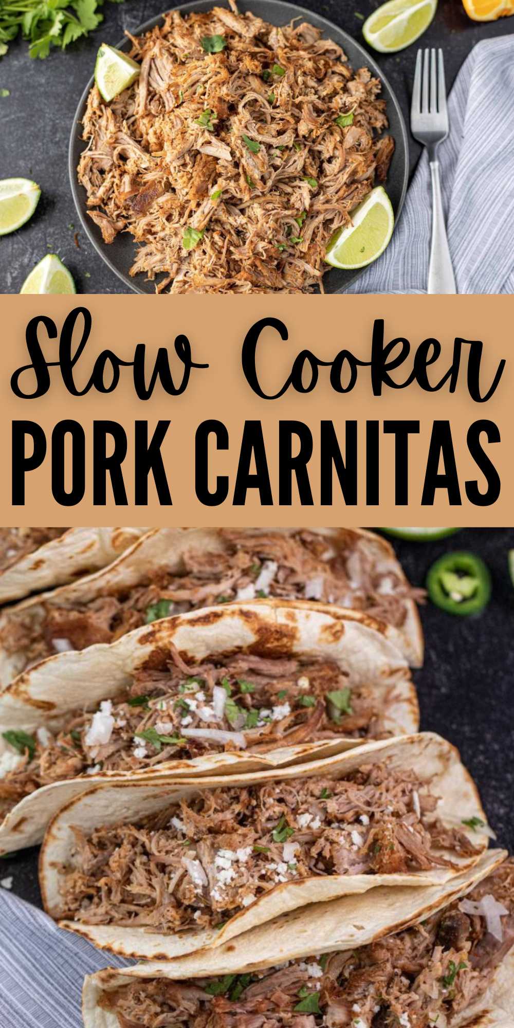 Try authentic Slow Cooker Pork Carnitas Recipe for a meal that is tasty and easy. Make tacos, burritos or salads with this shredded pork. This pork is cooked to perfection. It is tender on the inside and crispy on the outside for an amazing dinner idea. The house smelled amazing from the pork carnitas slow cooking all day. This is the best meal! #eatingonadime #porkcarnitas #crockpotporkcarnitas