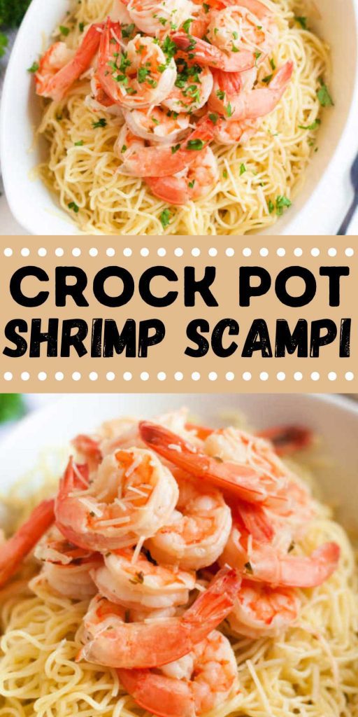 Crock Pot Shrimp Scampi Recipe is a simple recipe that can be prepared with little effort. Simple ingredients make this recipe so delicious. This dish is not heavy at all and perfectly seasoned with Parmesan, fresh lemon and more for a light meal everyone will love. #eatingonadime #crockpotshrimpscampi #shrimpscampi #crockpotrecipes