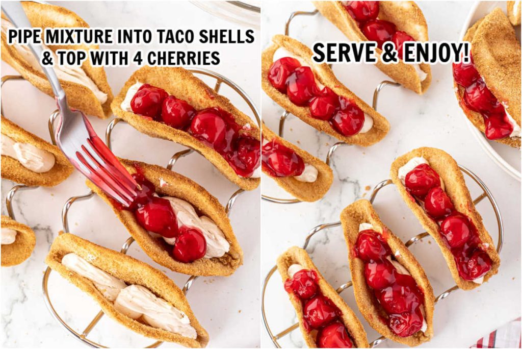 Filling the cheesecake tacos with cherry filling