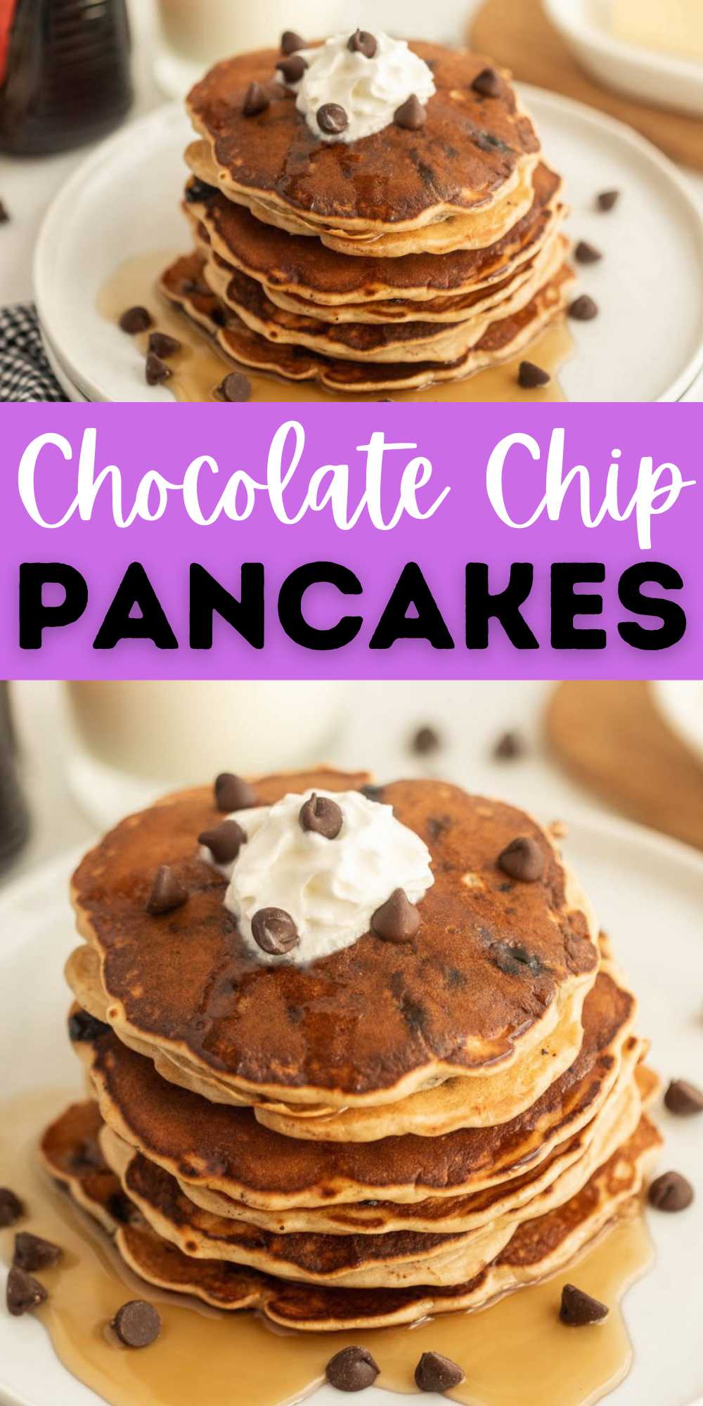 Chocolate Chip Pancakes is the perfect homemade fluffy pancake recipe. This pancake recipe is full of chocolate chips and flavor. We love light and fluffy homemade pancakes. These made from scratch pancakes are made easily with simple ingredients. Take you classic pancake recipe to the next level by adding in chocolate chips. #eatingonadime #chocolatechippancakes #pancakes