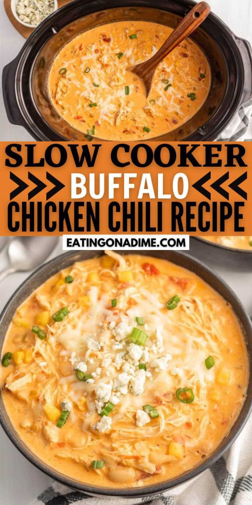 Crock Pot Buffalo Chicken Chili is a simple twist on a classic recipe. If you love buffalo sauce then this chicken chili recipe is for you. Chicken, beans, diced tomatoes and buffalo sauce combined with simple seasoning makes this twist on a classic chili recipe a family favorite. #eatingonadime #crockpotbuffalochickenchili #buffalochickenchili