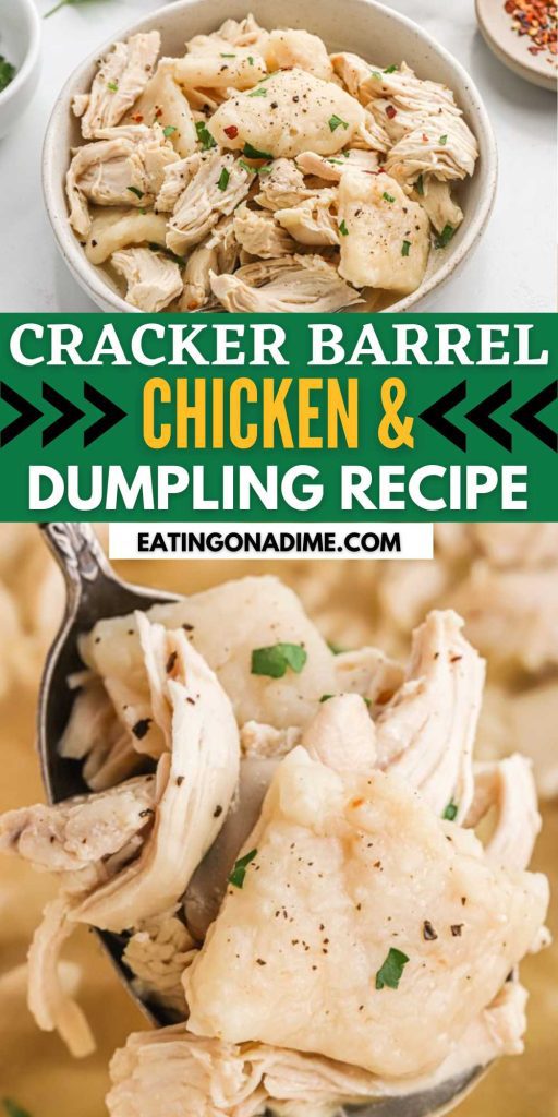Cracker Barrel Chicken and Dumplings is delicious and full of flavor. This copycat recipe is easy to make and the ultimate comfort food. The ingredients to this chicken and dumplings recipe are simple. There are many ways to prepare dumplings, but we prefer this biscuit style dumplings that are cooked to perfection. #eatingonadime #crackerbarrelchickenanddumplings #chickenanddumplings #crackerbarrelcopycatrecipes