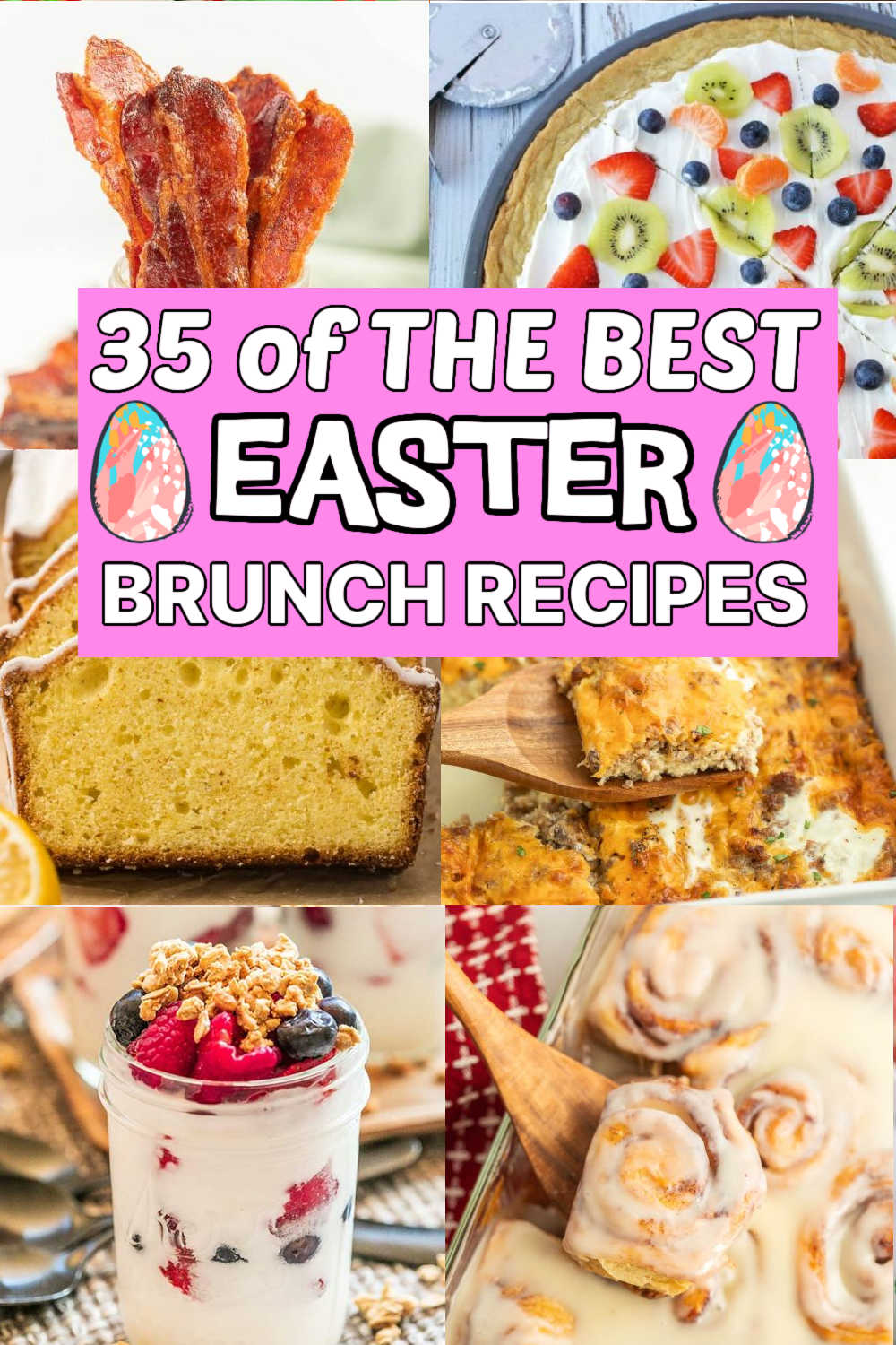 Start a tradition and make Easter Brunch with some of these 36 recipes. They are made with easy ingredients and simple to make.  Spend your time at Easter egg hunts this year with these easy Easter Brunch recipes. From pancakes, breakfast casseroles, to homemade bread we have you covered. #eatingonadime #easterbrunchrecipes #easter #brunchrecipes