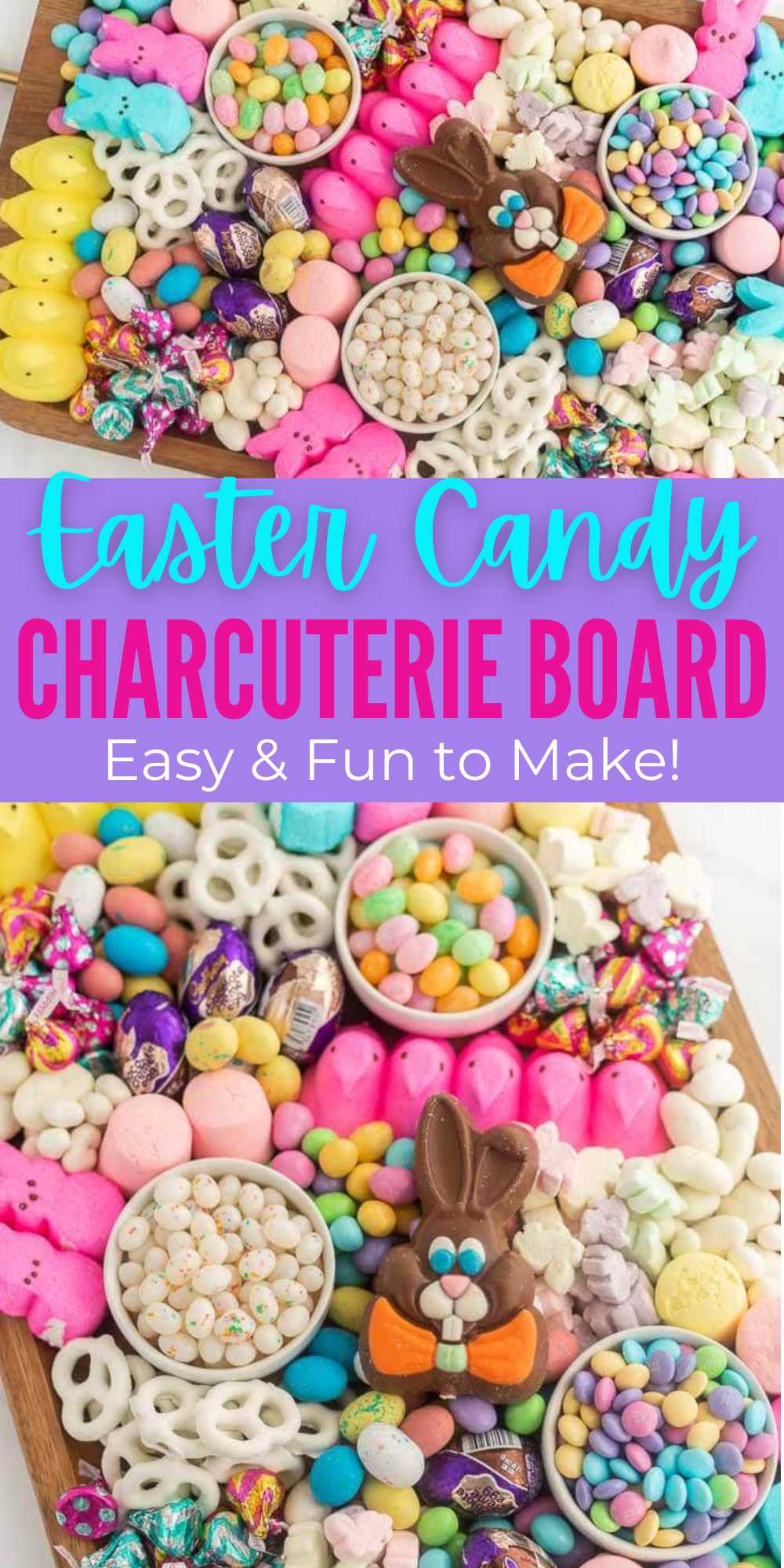 This Easter Candy Charcuterie Board is the perfect dessert to display your favorite Easter candy. Easy to make and so fun and festive. It is loaded with our favorite Easter candy. From the Peeps, Jelly Beans, and chocolate covered Easter eggs this charcuterie board displays them perfectly. #eatingonadime #eastercandycharcuterieboard #eastercandy #charcuterieboard