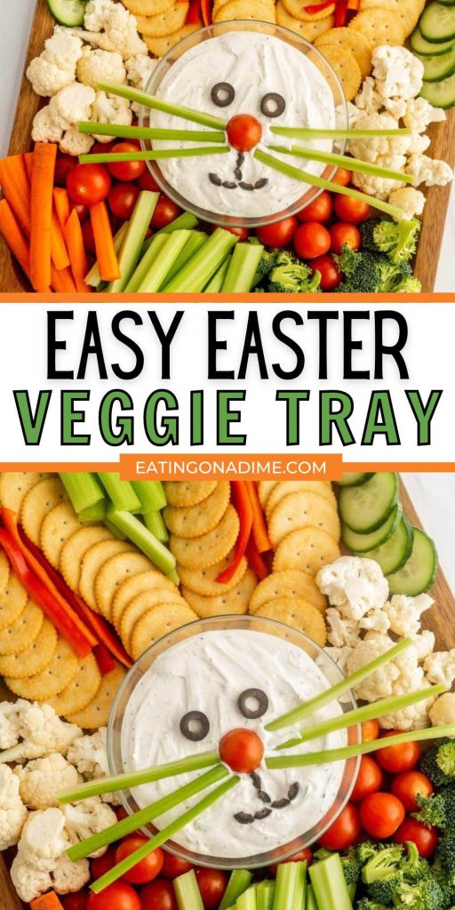 If you need to bring a veggie tray to your Easter dinner, make this Easter Veggie Tray. Skip the store bought tray and make this festive tray. This Easter Vegetable Tray is the perfect addition to your Easter celebration. This adorable Bunny Veggie tray is festive, cute and easy to make. I love making homemade veggie trays and it adds that special touch when it is made into a bunny. #eatingonadime #easterveggietray #easter #easterrecipes