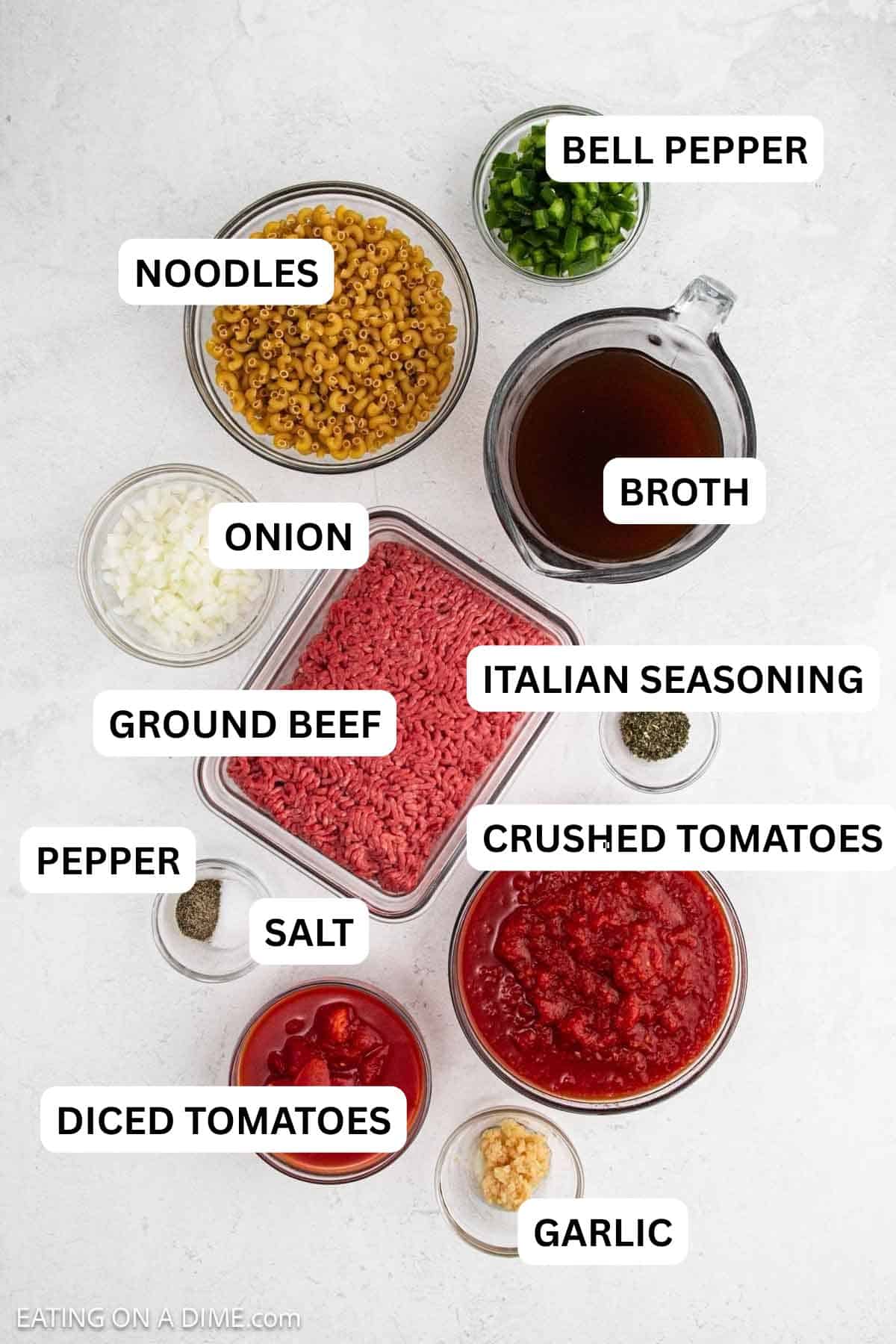 Ingredients needed to make this recipe includes ground beef, onion, bell pepper, garlic, salt, pepper, Italian seasoning, tomatoes, broth and macaroni.
