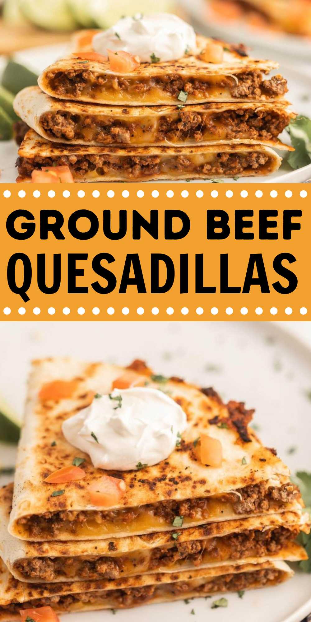 Make this Ground Beef Quesadillas Recipe for a family favorite meal idea. Loaded with seasoned ground beef, cheese and simple seasoning. Seasoned ground beef is cooked in a skillet and then topped on a flour tortilla with cheese. The tortilla is then folded to make a delicious cheesy beef quesadilla. #eatingonadime #groundbeefquesadillas #beefcheesequesadillas