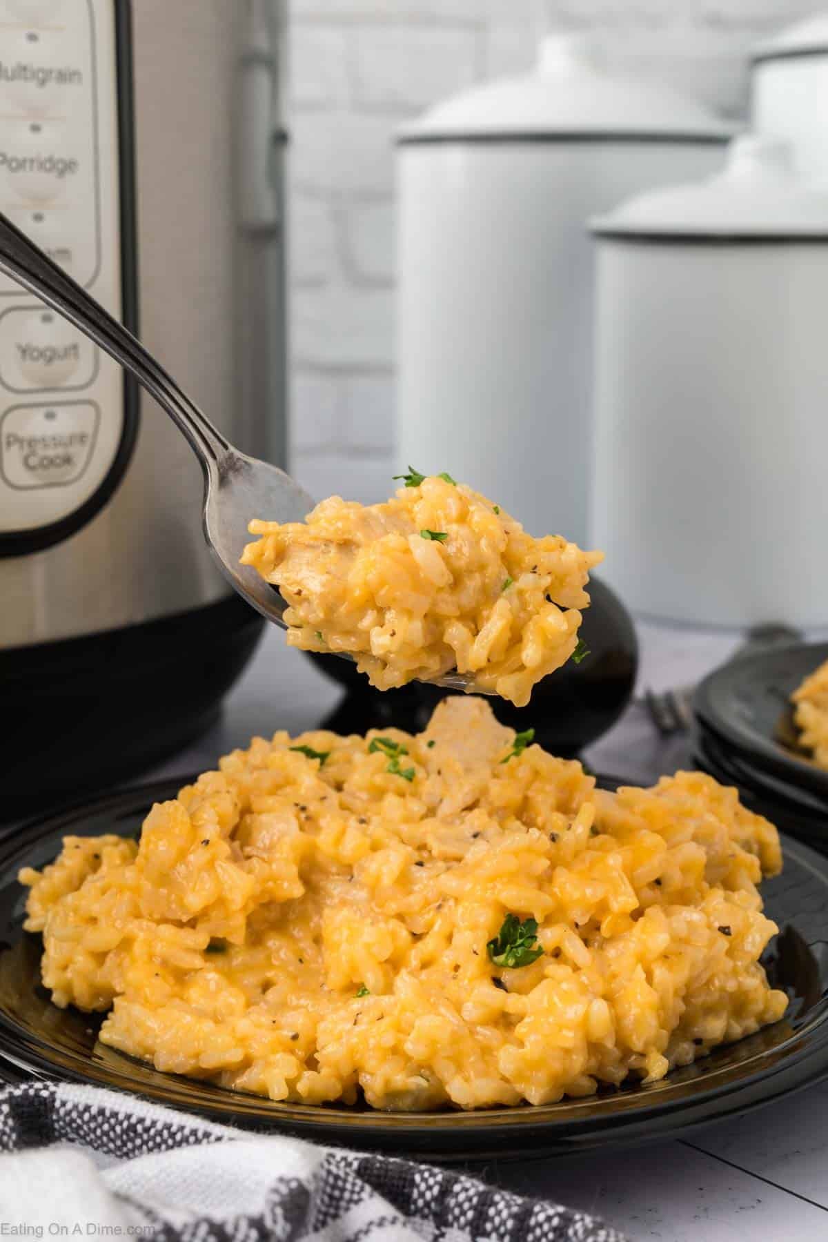 Cheesy chicken and rice with a serving on a plate