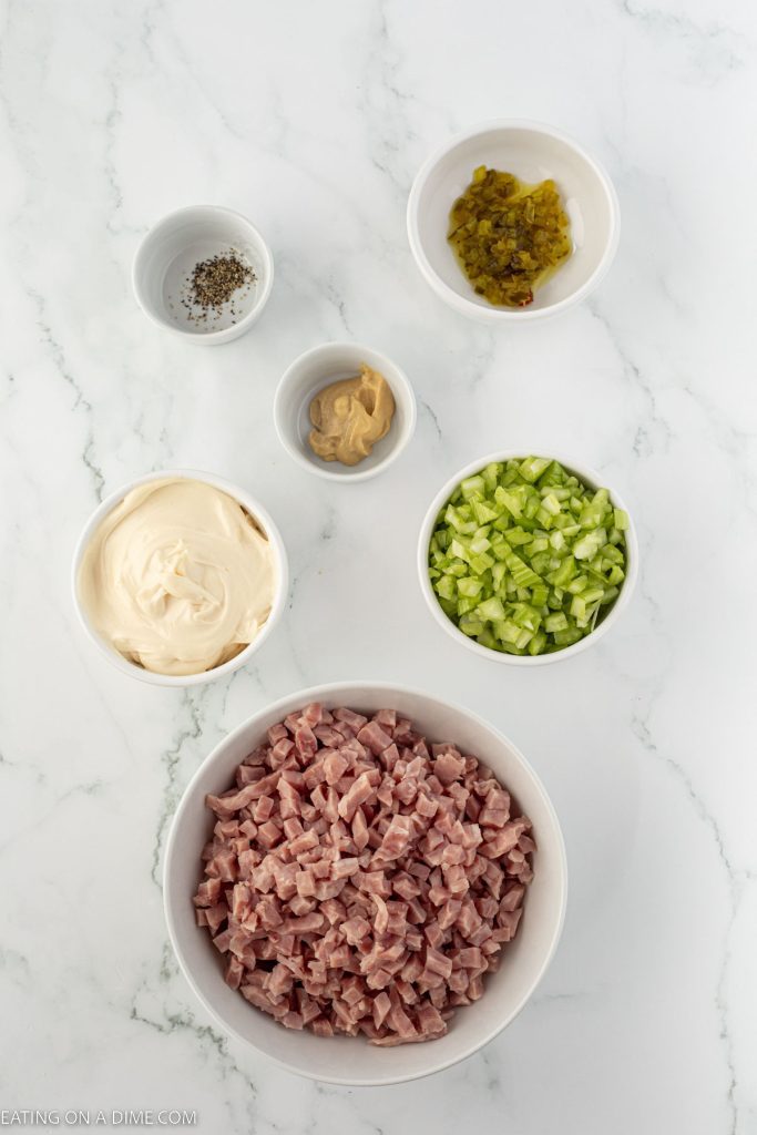 Ingredients needed - cooked ham, celery, mayonnaise, dijon mustard, sweet pickle relish, pepper