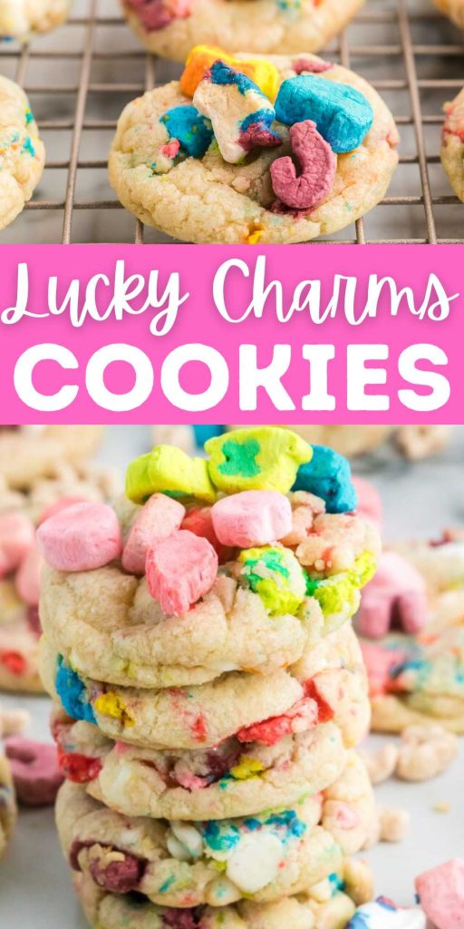 These Lucky Charms Cookies are made from scratch and filled with Lucky Charm Marshmallows. Light, chewy cookie and easy to make.  Loaded with Lucky Charm Marshmallow, these cookie are easy to make with simple ingredients. #eatingonadime #luckycharmscookies #stpatricksday #luckycharms