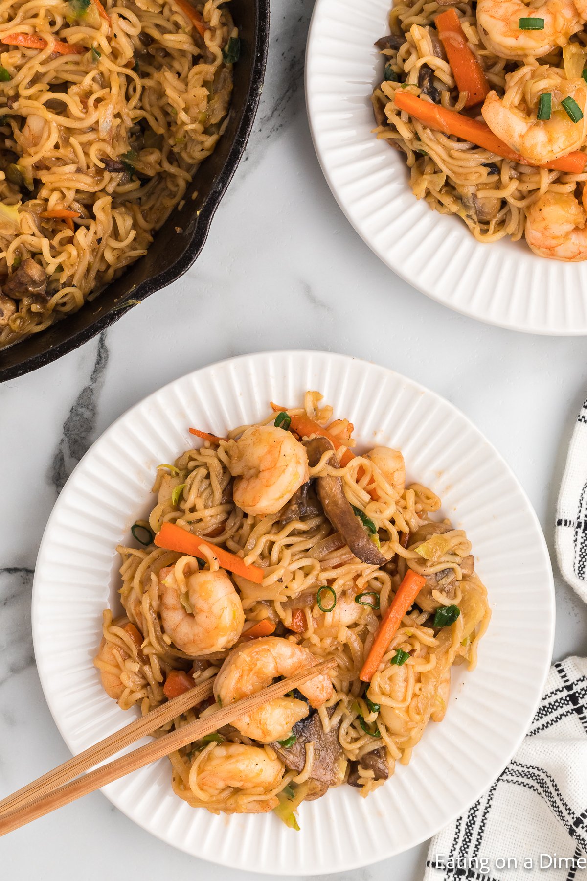 Shrimp Yakisoba on a plate with chopsticks