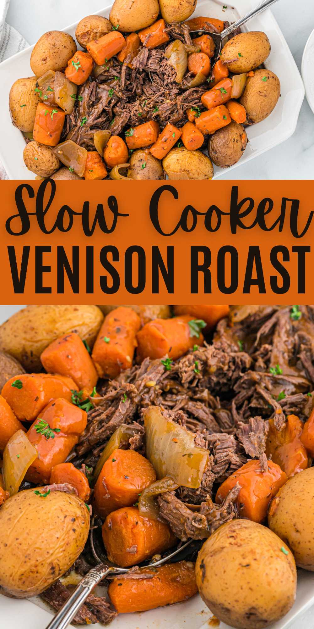 Slow Cooker Venison Roast results in a tender and full of flavor roast every time. Add vegetables and seasoning for a delicious meal idea. Venison Roast Slow Cooker is the best way to cook your deer meat. The roast cooks tender, juicy and the only way I recommend cooking this cut of meat. #eatingonadime #venisonroast #slowcookervenisonroast