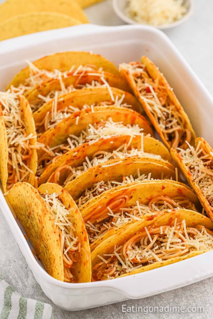 Spaghetti Tacos in a baking dish