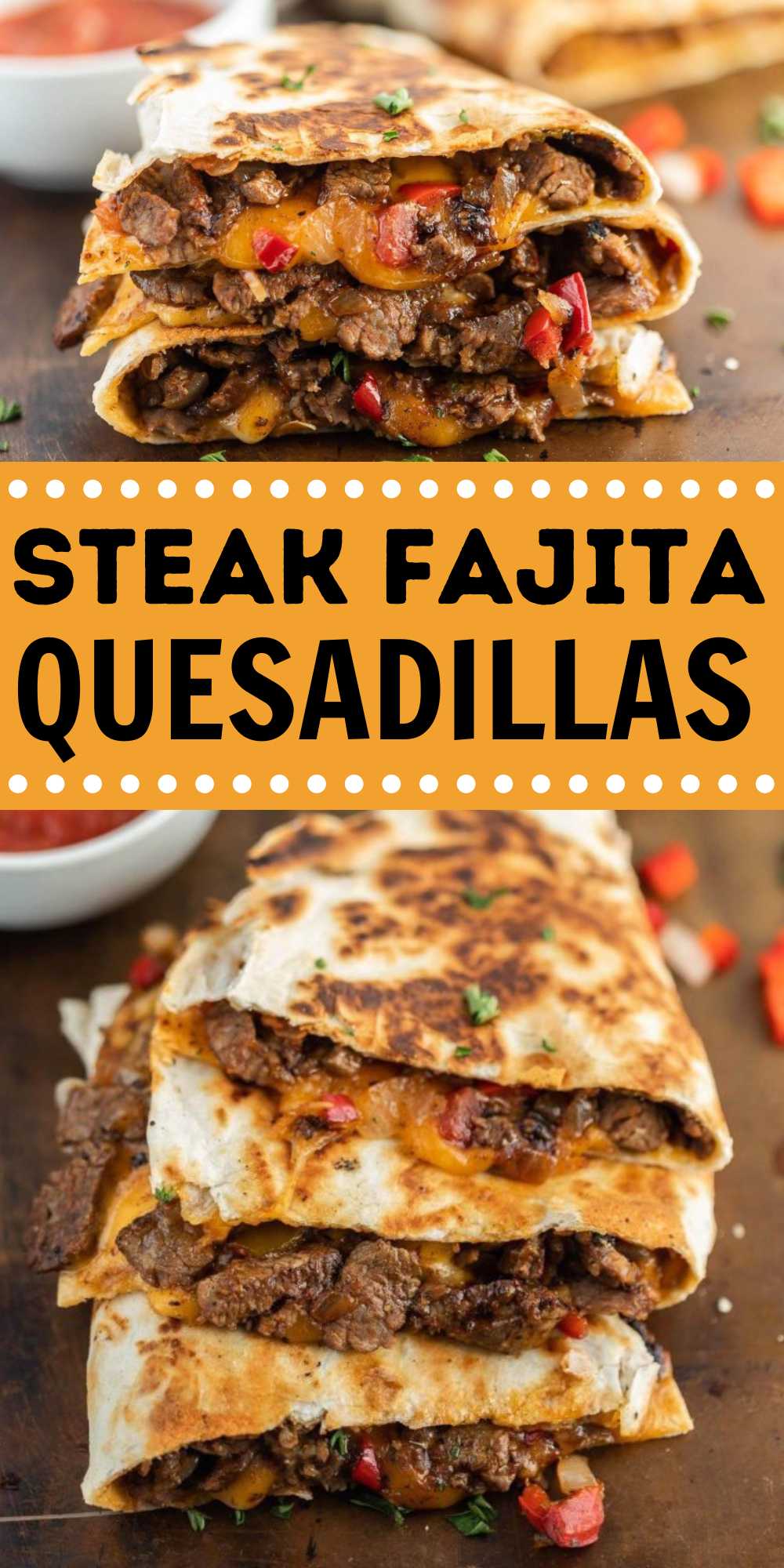Make the perfect weeknight meal with these Steak Fajita Quesadillas. They are loaded with flavor and made with simple ingredients. These steak fajita quesadillas are restaurant quality but made at home. The skirt steak is seasoned and then cooked to perfection. The steak is tender and juicy and only takes a few minutes to cook. #eatingonadime #steakfajitaquesadillas #quesadillas